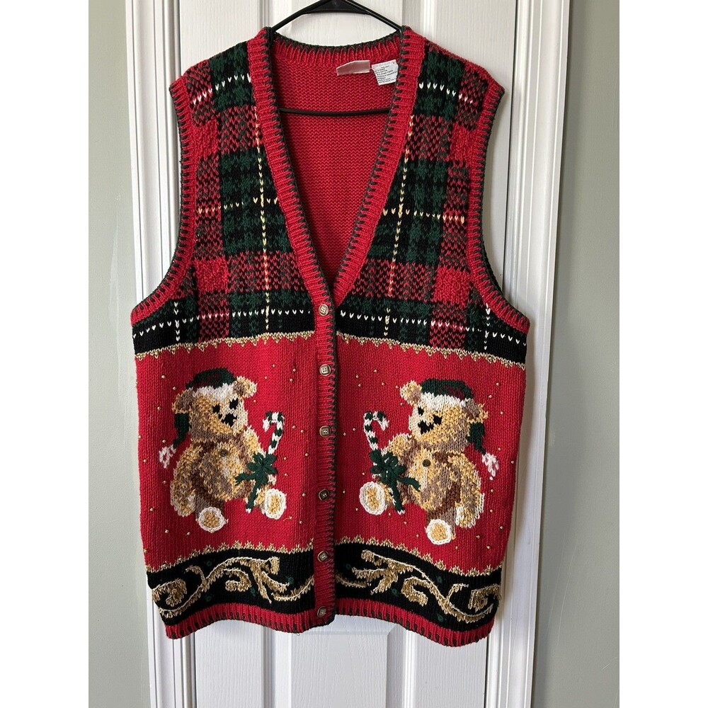 Vintage Fashion Bug Ugly Christmas Sweater Vest 22/24 Teddy Bear Tartan Plaid